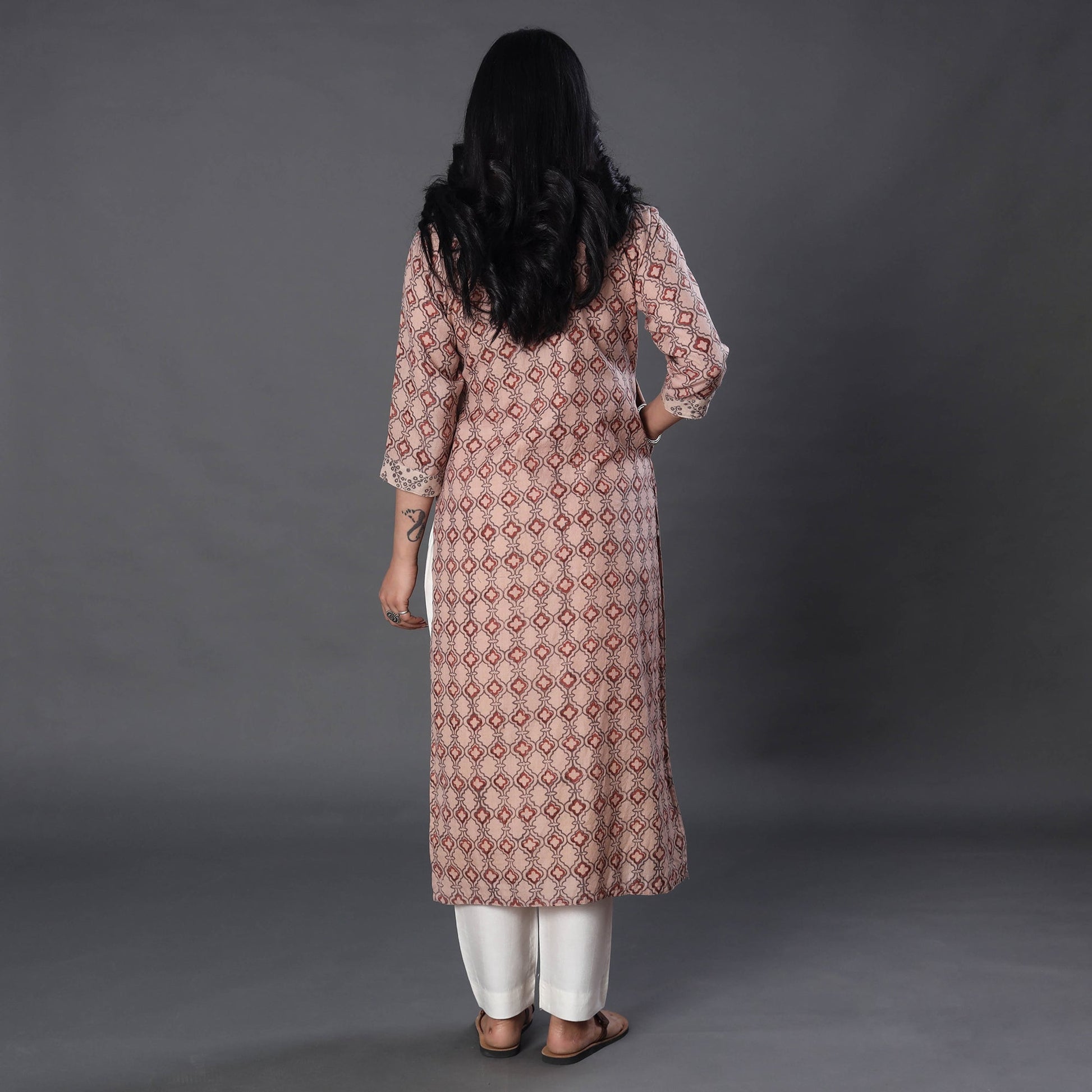 Beige - Handwoven Wool Pedana Kalamkari Print Kurta