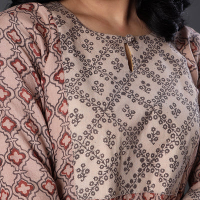 Beige - Handwoven Wool Pedana Kalamkari Print Kurta