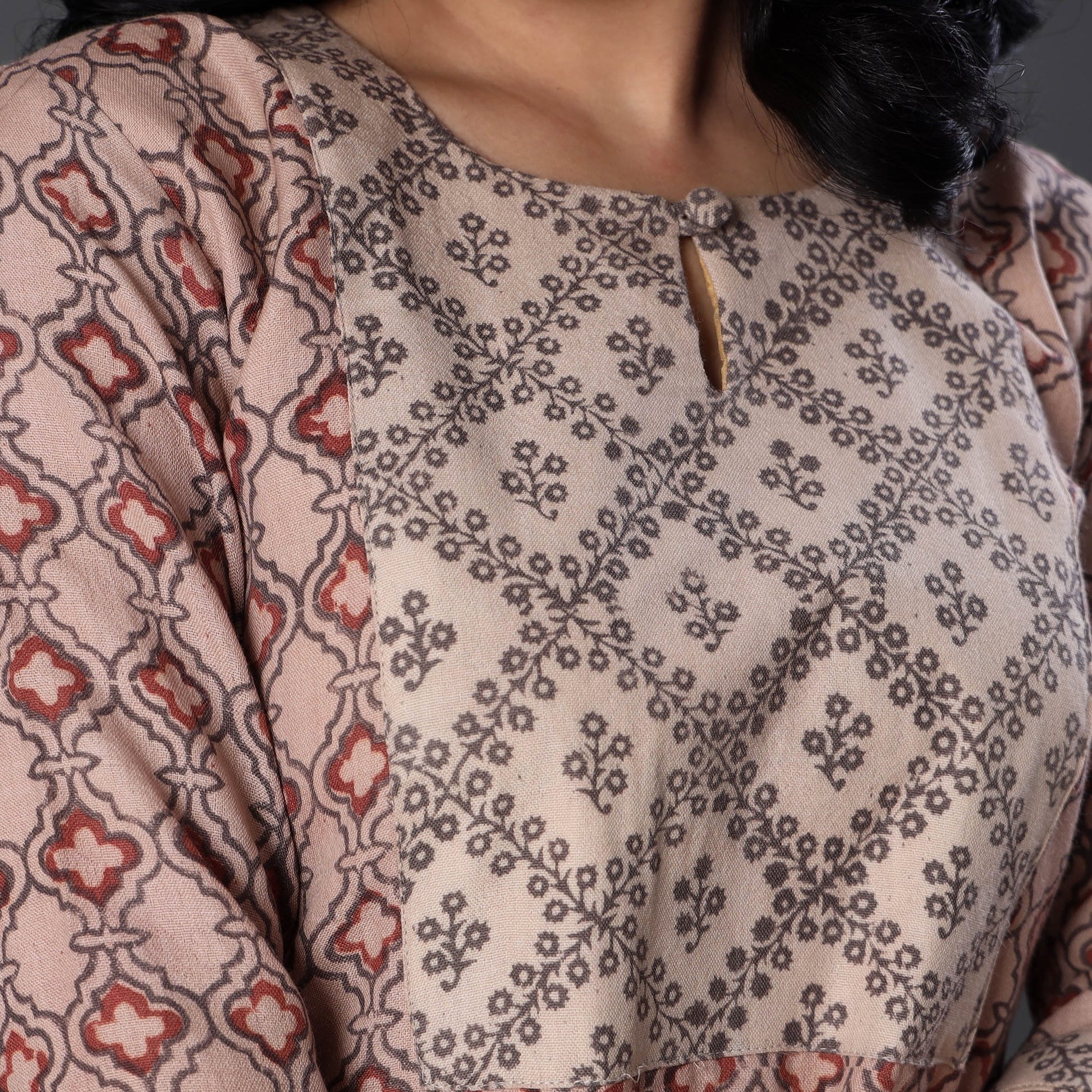 Beige - Handwoven Wool Pedana Kalamkari Print Kurta