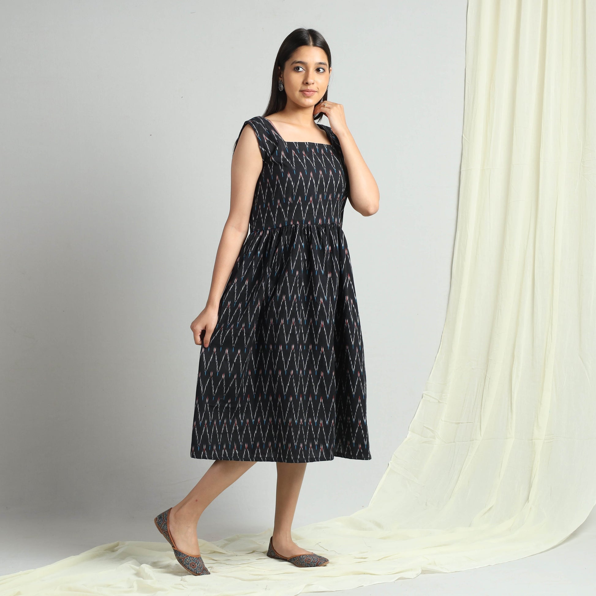 Black - Pochampally Ikat Weave Cotton Dress