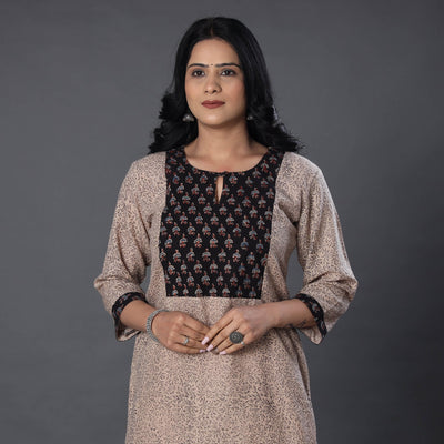 Beige - Handwoven Wool Pedana Kalamkari Print Kurta