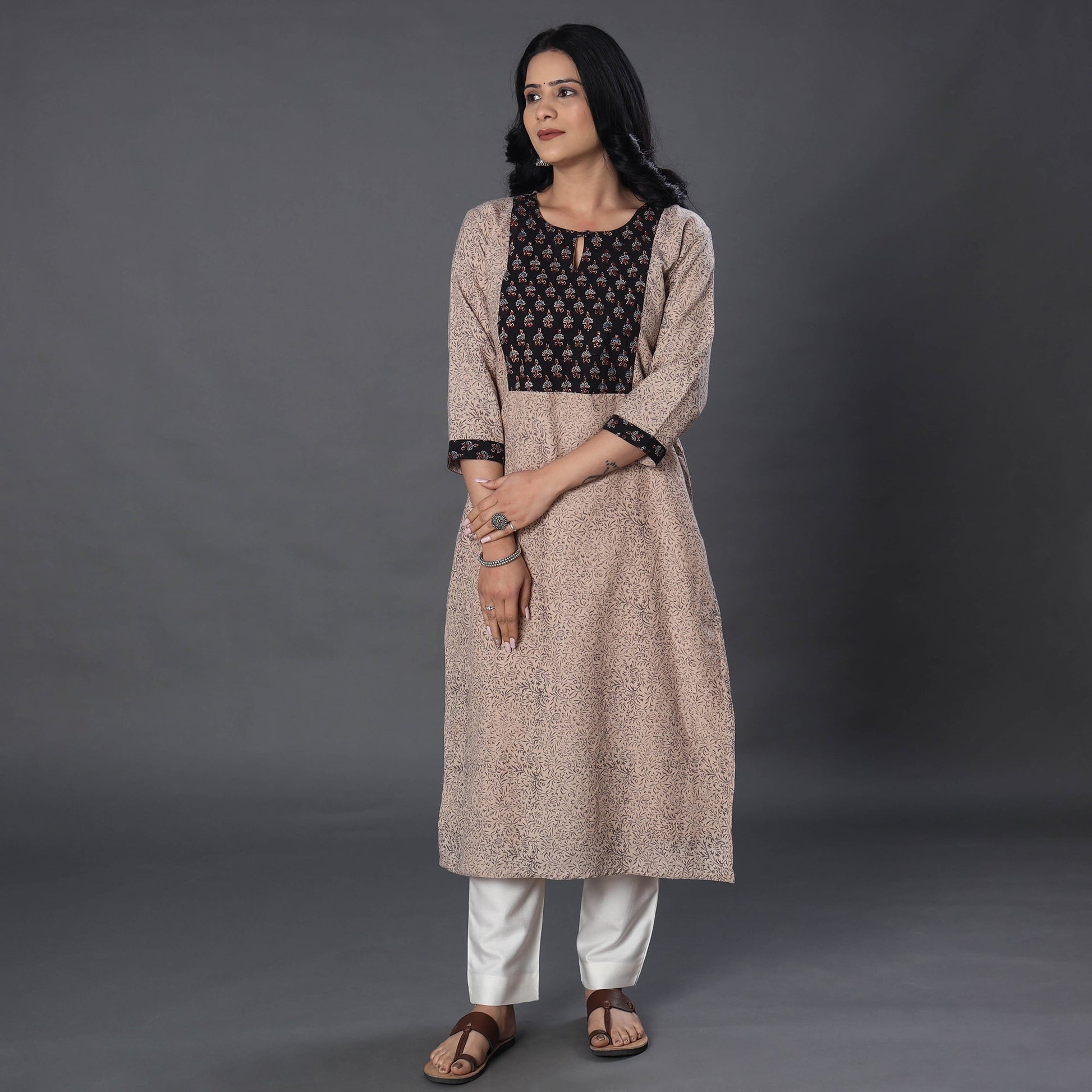 Beige - Handwoven Wool Pedana Kalamkari Print Kurta