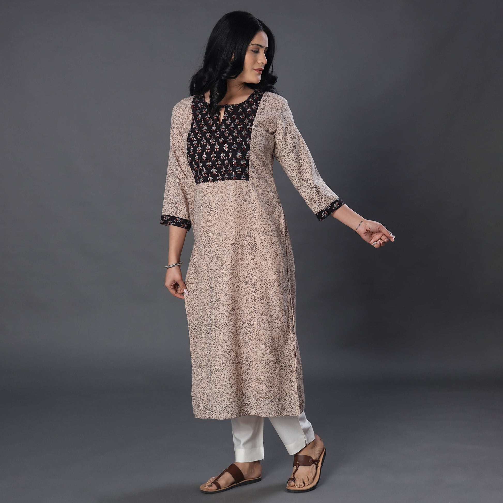 Beige - Handwoven Wool Pedana Kalamkari Print Kurta