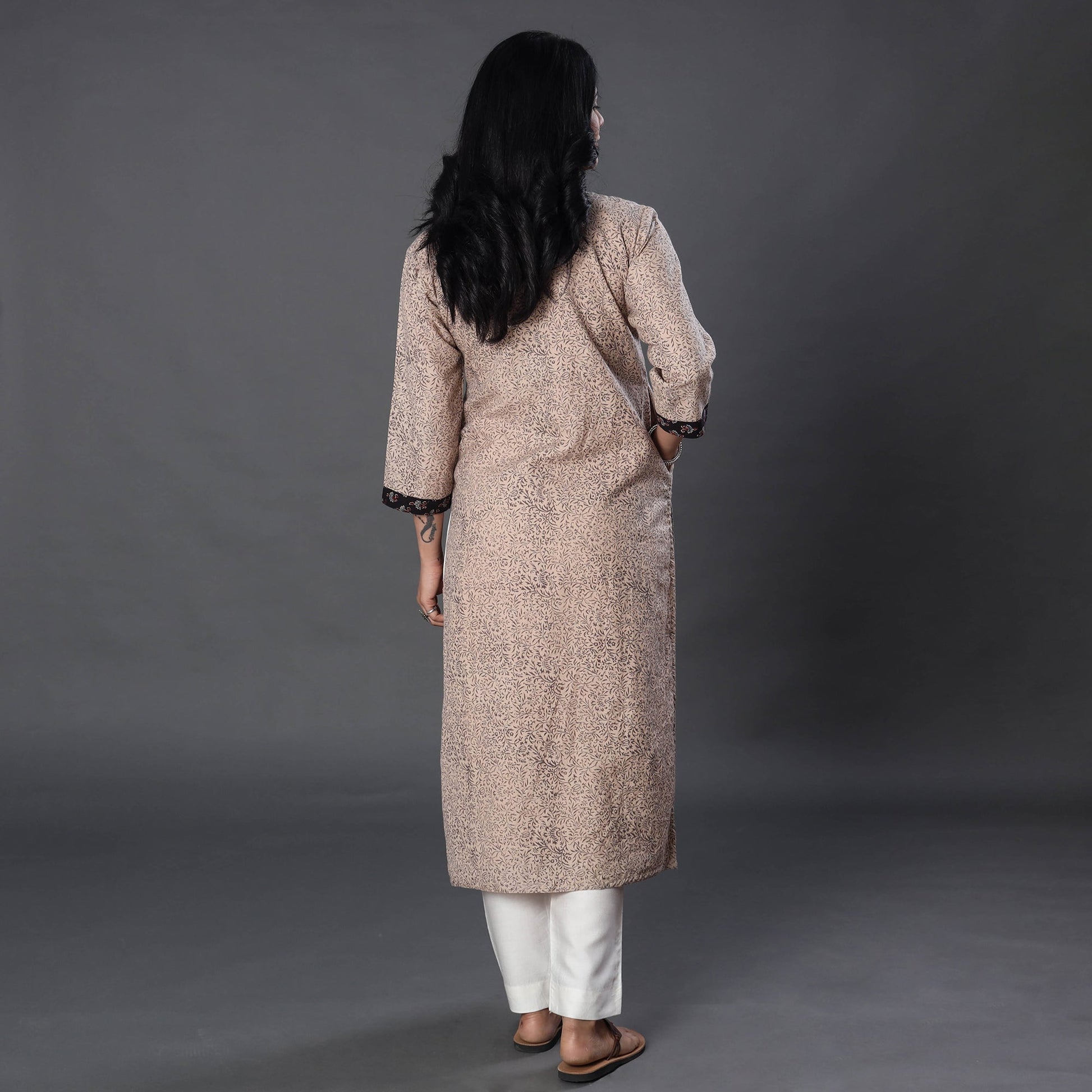 Beige - Handwoven Wool Pedana Kalamkari Print Kurta