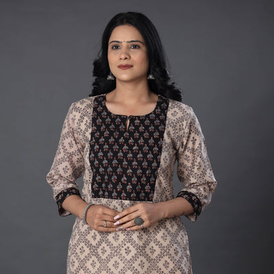 Beige - Handwoven Wool Pedana Kalamkari Block Print Kurta