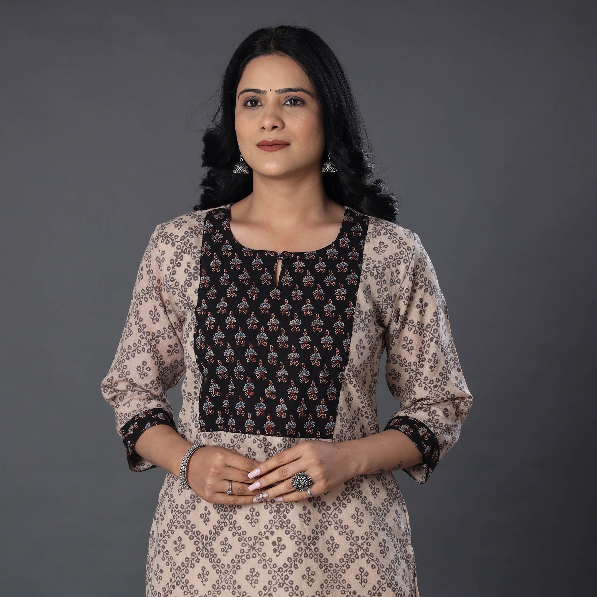 Beige - Handwoven Wool Pedana Kalamkari Block Print Kurta