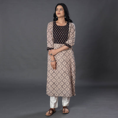 Beige - Handwoven Wool Pedana Kalamkari Block Print Kurta