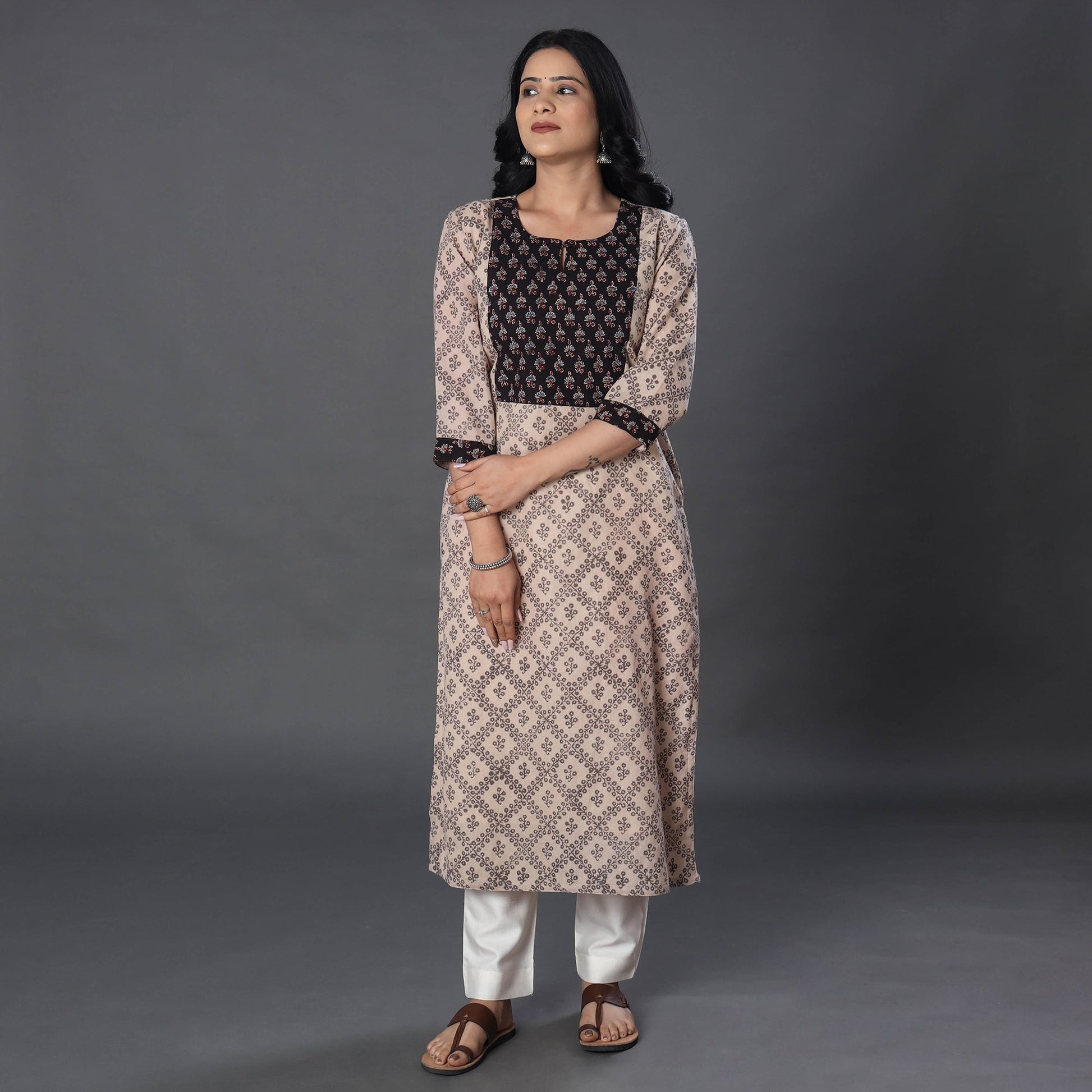 Beige - Handwoven Wool Pedana Kalamkari Block Print Kurta