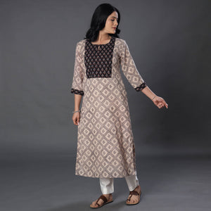 Beige - Handwoven Wool Pedana Kalamkari Block Print Kurta