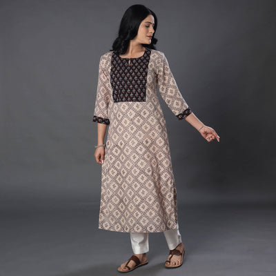 Beige - Handwoven Wool Pedana Kalamkari Block Print Kurta