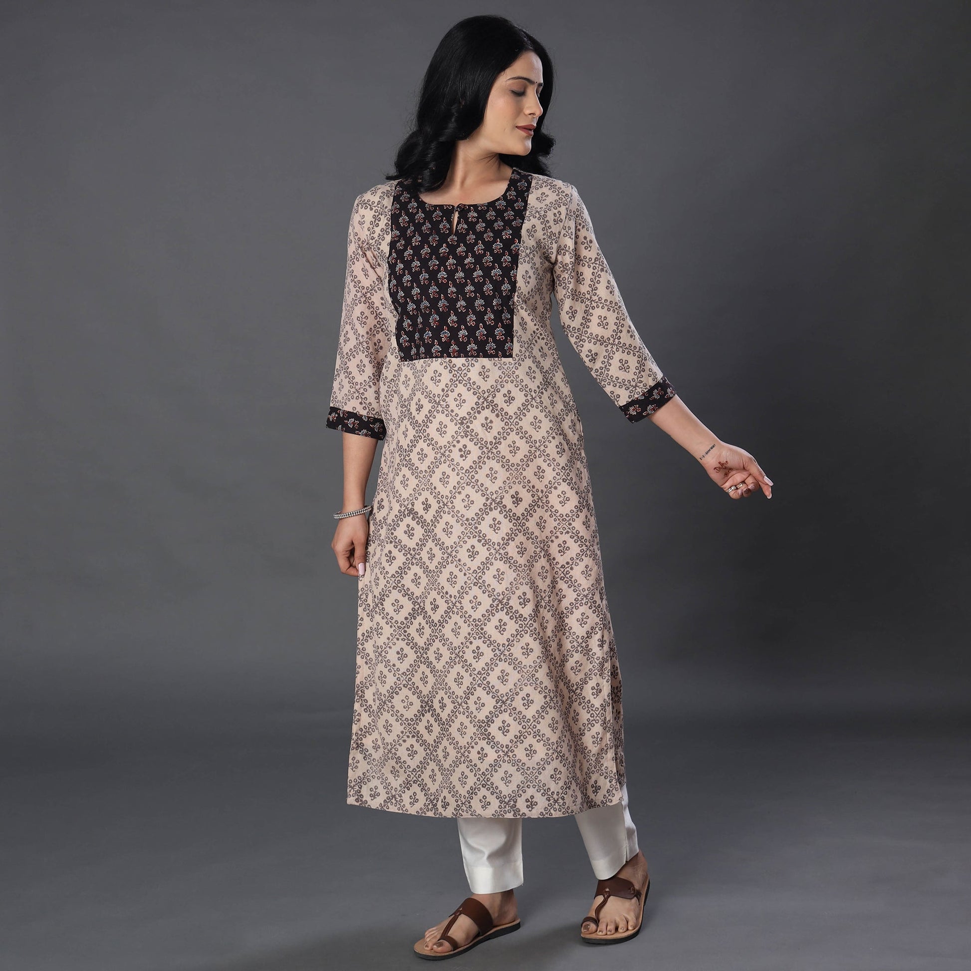 Beige - Handwoven Wool Pedana Kalamkari Block Print Kurta