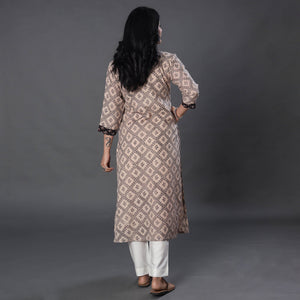 Beige - Handwoven Wool Pedana Kalamkari Block Print Kurta