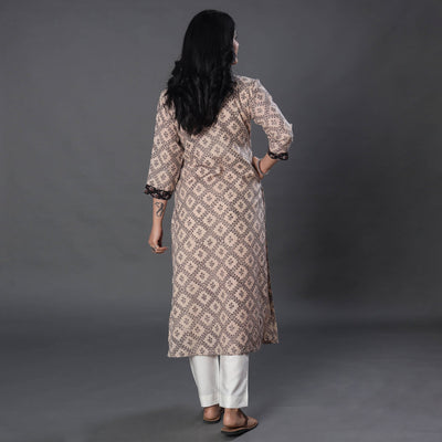 Beige - Handwoven Wool Pedana Kalamkari Block Print Kurta