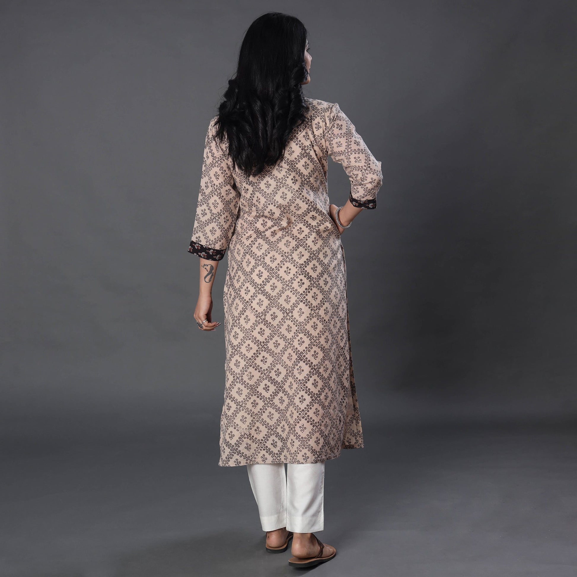 Beige - Handwoven Wool Pedana Kalamkari Block Print Kurta