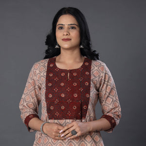 Beige - Handwoven Wool Pedana Kalamkari Print Kurta