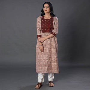 Beige - Handwoven Wool Pedana Kalamkari Print Kurta