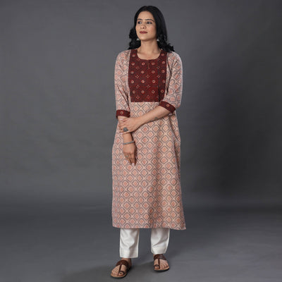 Beige - Handwoven Wool Pedana Kalamkari Print Kurta