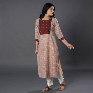 Beige - Handwoven Wool Pedana Kalamkari Print Kurta