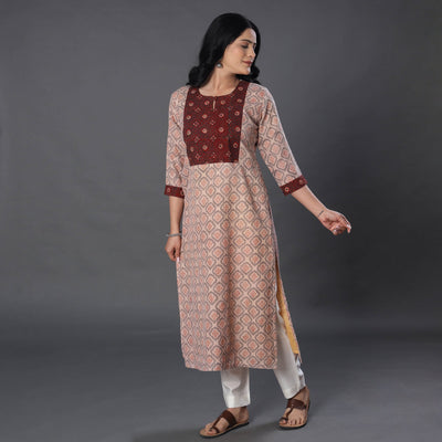 Beige - Handwoven Wool Pedana Kalamkari Print Kurta