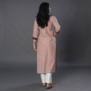 Beige - Handwoven Wool Pedana Kalamkari Print Kurta