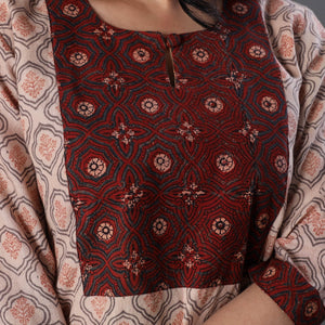 Beige - Handwoven Wool Pedana Kalamkari Print Kurta