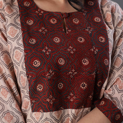 Beige - Handwoven Wool Pedana Kalamkari Print Kurta
