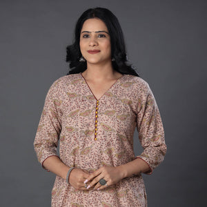 Beige - Handwoven Wool Pedana Kalamkari Print Kurta