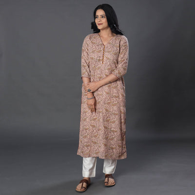Beige - Handwoven Wool Pedana Kalamkari Print Kurta