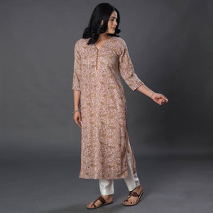 Beige - Handwoven Wool Pedana Kalamkari Print Kurta