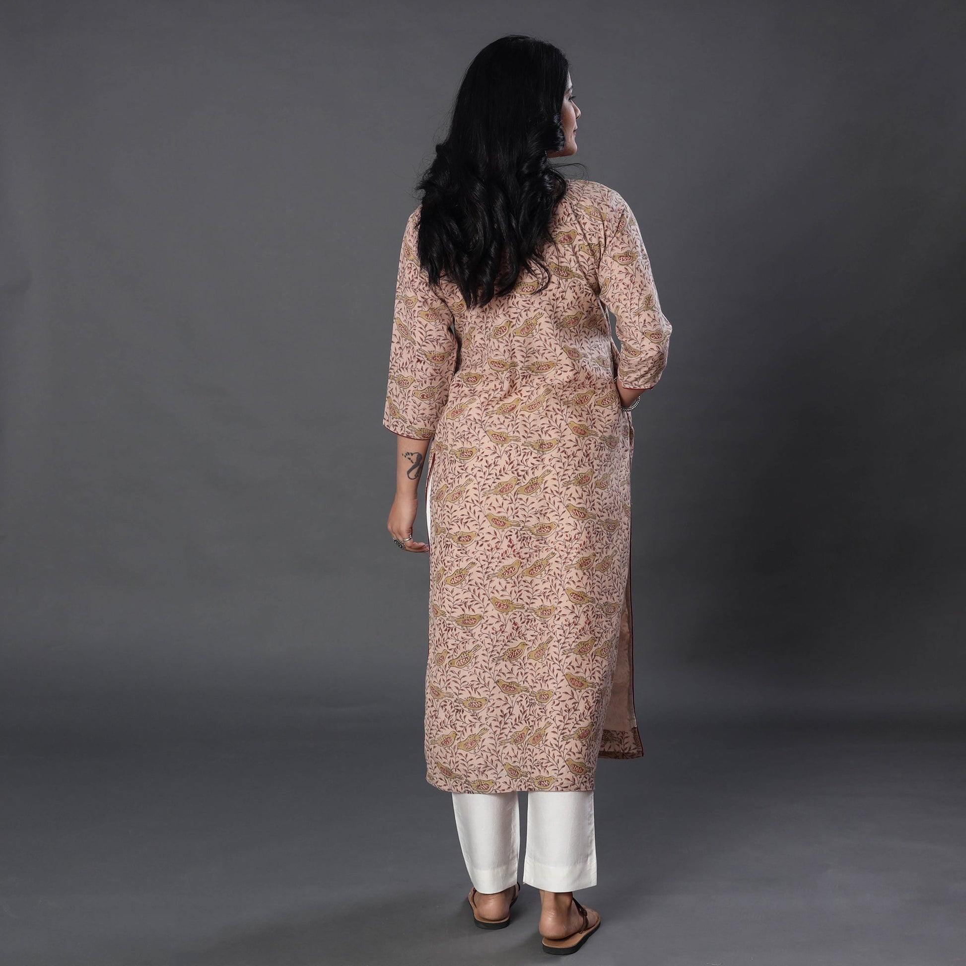 Beige - Handwoven Wool Pedana Kalamkari Print Kurta