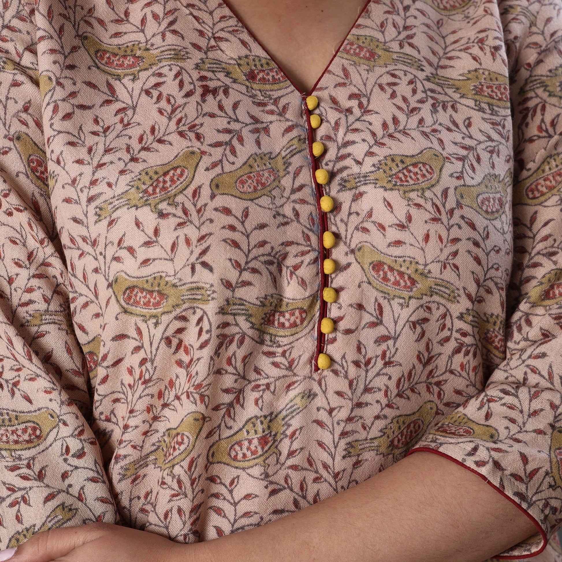Beige - Handwoven Wool Pedana Kalamkari Print Kurta