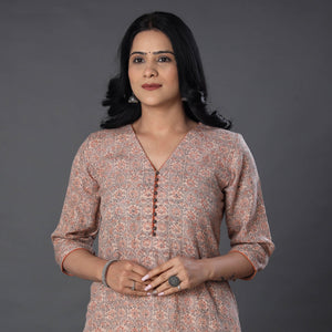 Beige - Handwoven Wool Pedana Kalamkari Print Kurta