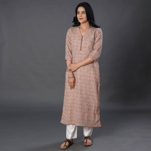 Beige - Handwoven Wool Pedana Kalamkari Print Kurta