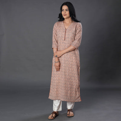 Beige - Handwoven Wool Pedana Kalamkari Print Kurta