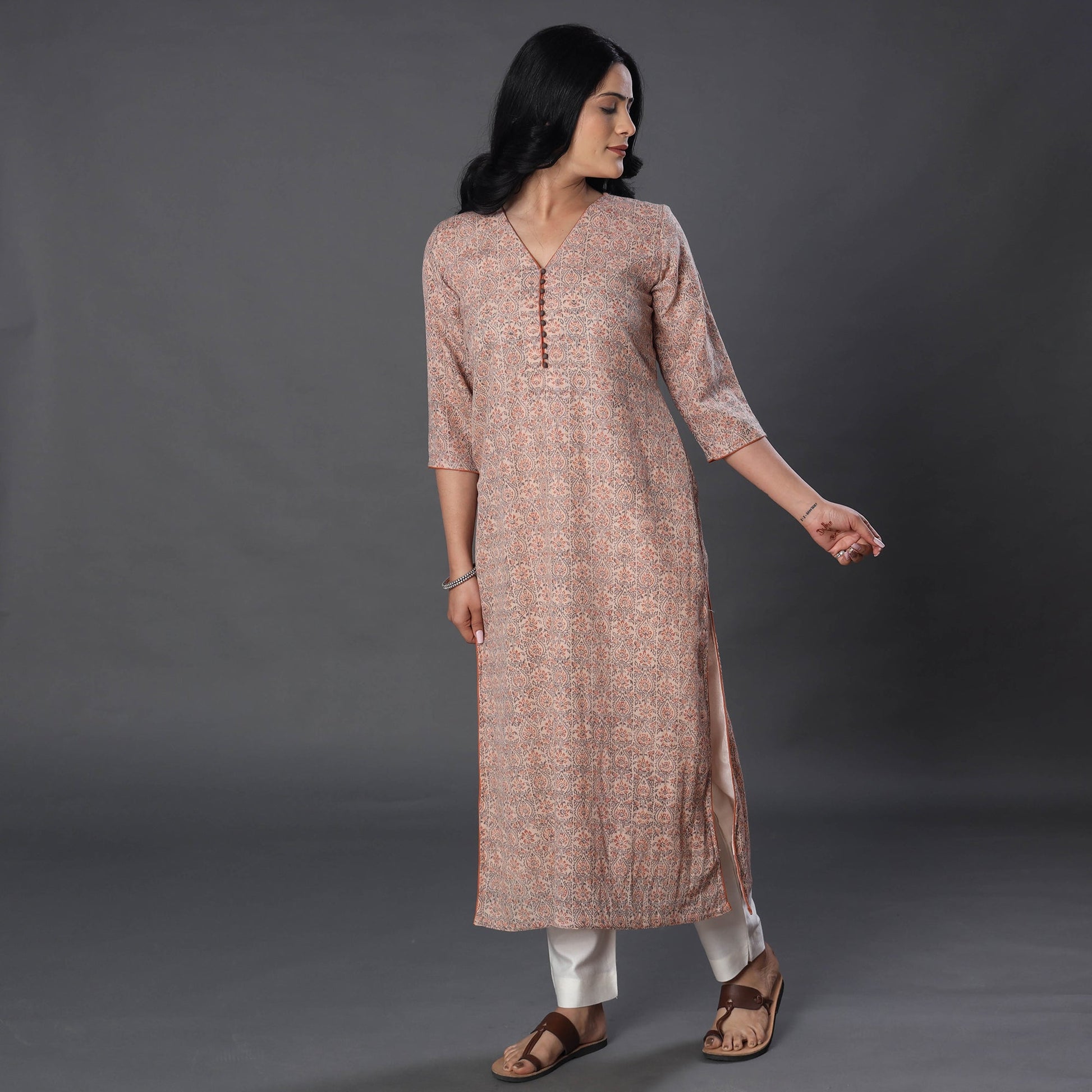 Beige - Handwoven Wool Pedana Kalamkari Print Kurta