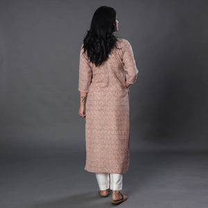 Beige - Handwoven Wool Pedana Kalamkari Print Kurta