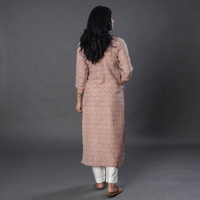 Beige - Handwoven Wool Pedana Kalamkari Print Kurta