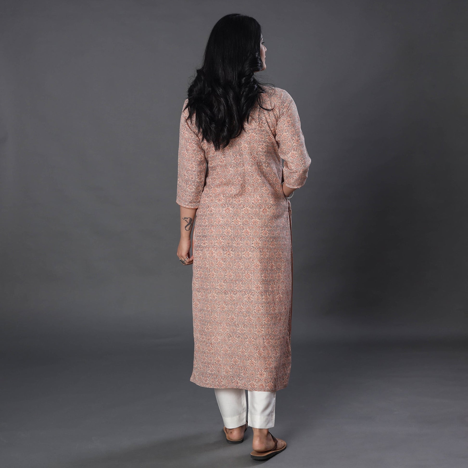 Beige - Handwoven Wool Pedana Kalamkari Print Kurta
