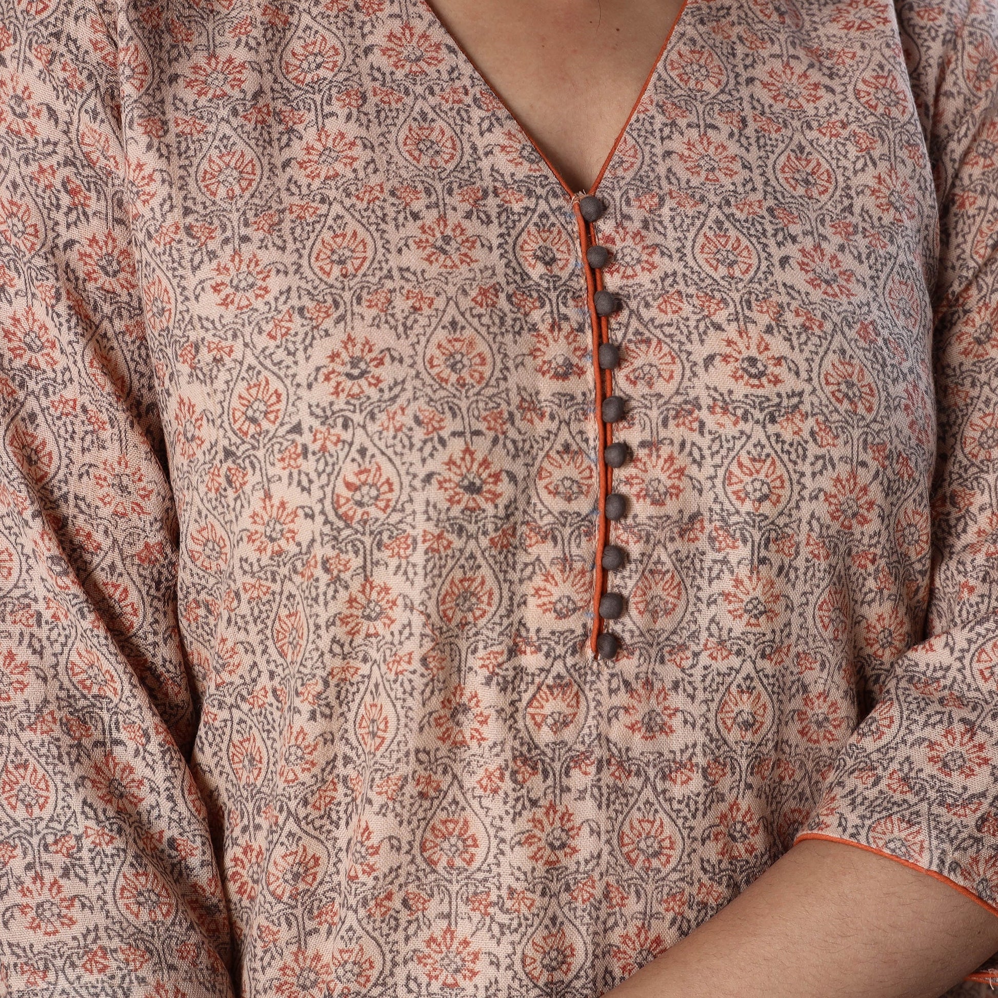 Beige - Handwoven Wool Pedana Kalamkari Print Kurta