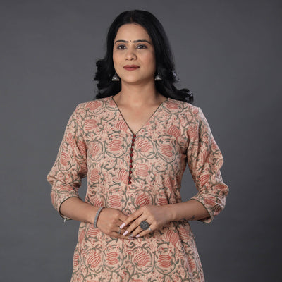 Beige - Handwoven Wool Pedana Kalamkari Print Kurta