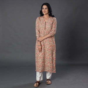 Beige - Handwoven Wool Pedana Kalamkari Print Kurta