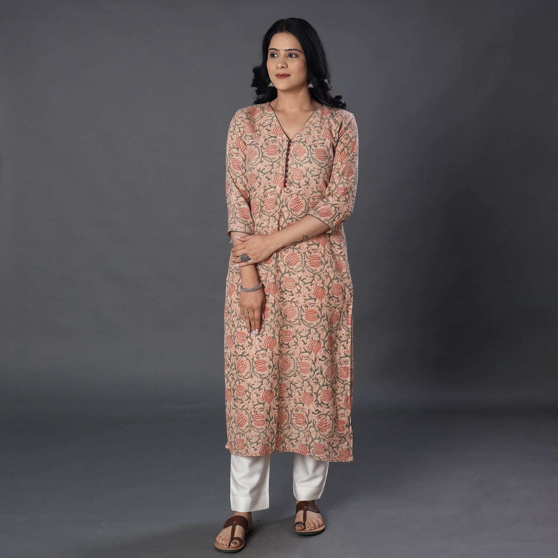 Beige - Handwoven Wool Pedana Kalamkari Print Kurta