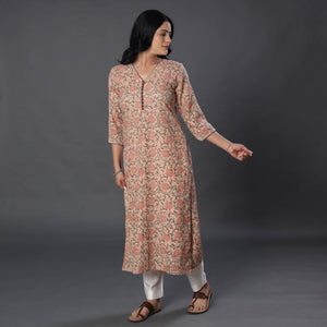 Beige - Handwoven Wool Pedana Kalamkari Print Kurta