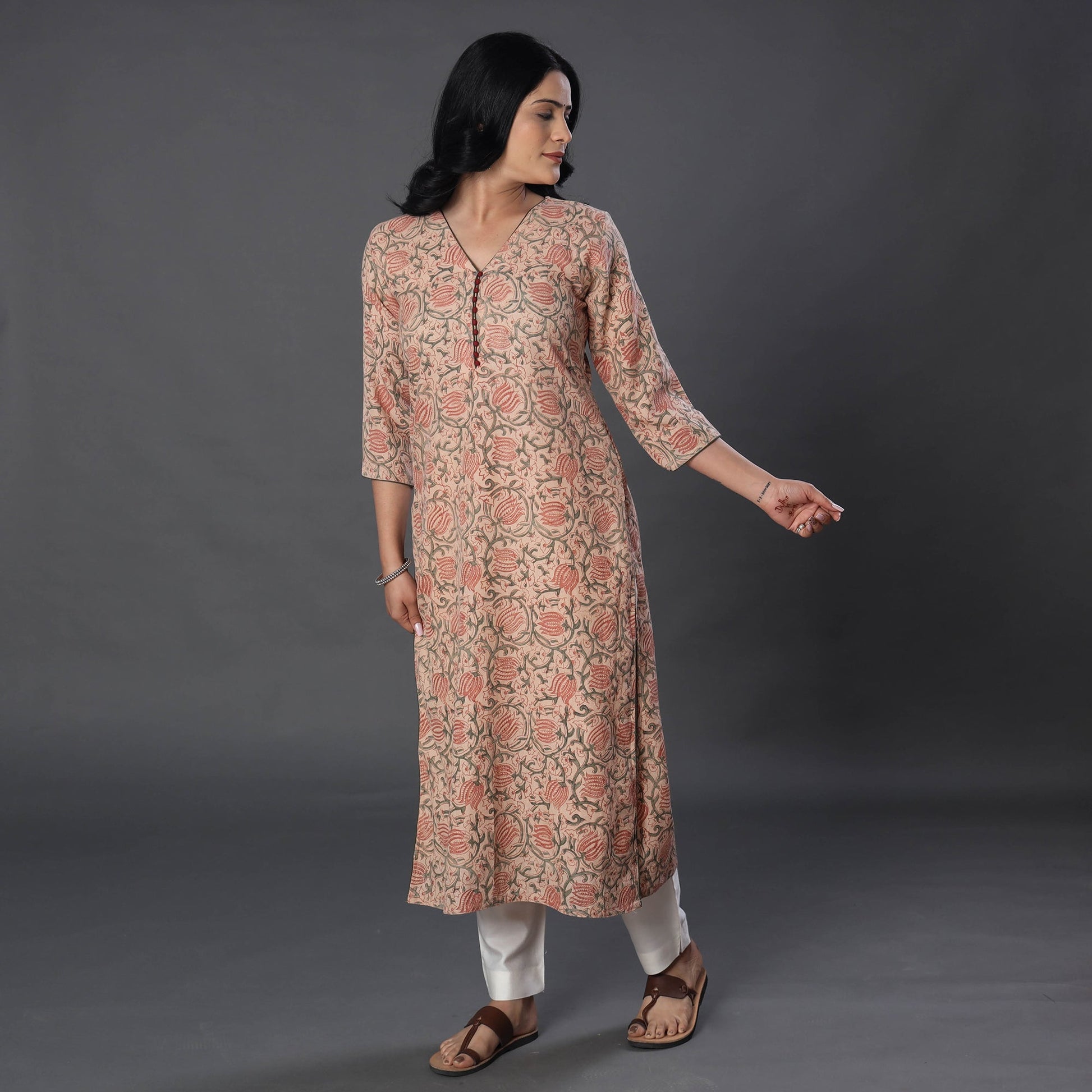 Beige - Handwoven Wool Pedana Kalamkari Print Kurta