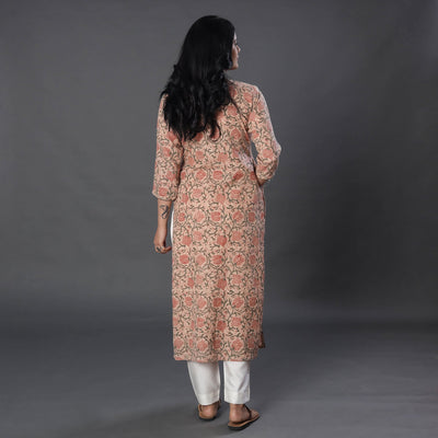 Beige - Handwoven Wool Pedana Kalamkari Print Kurta