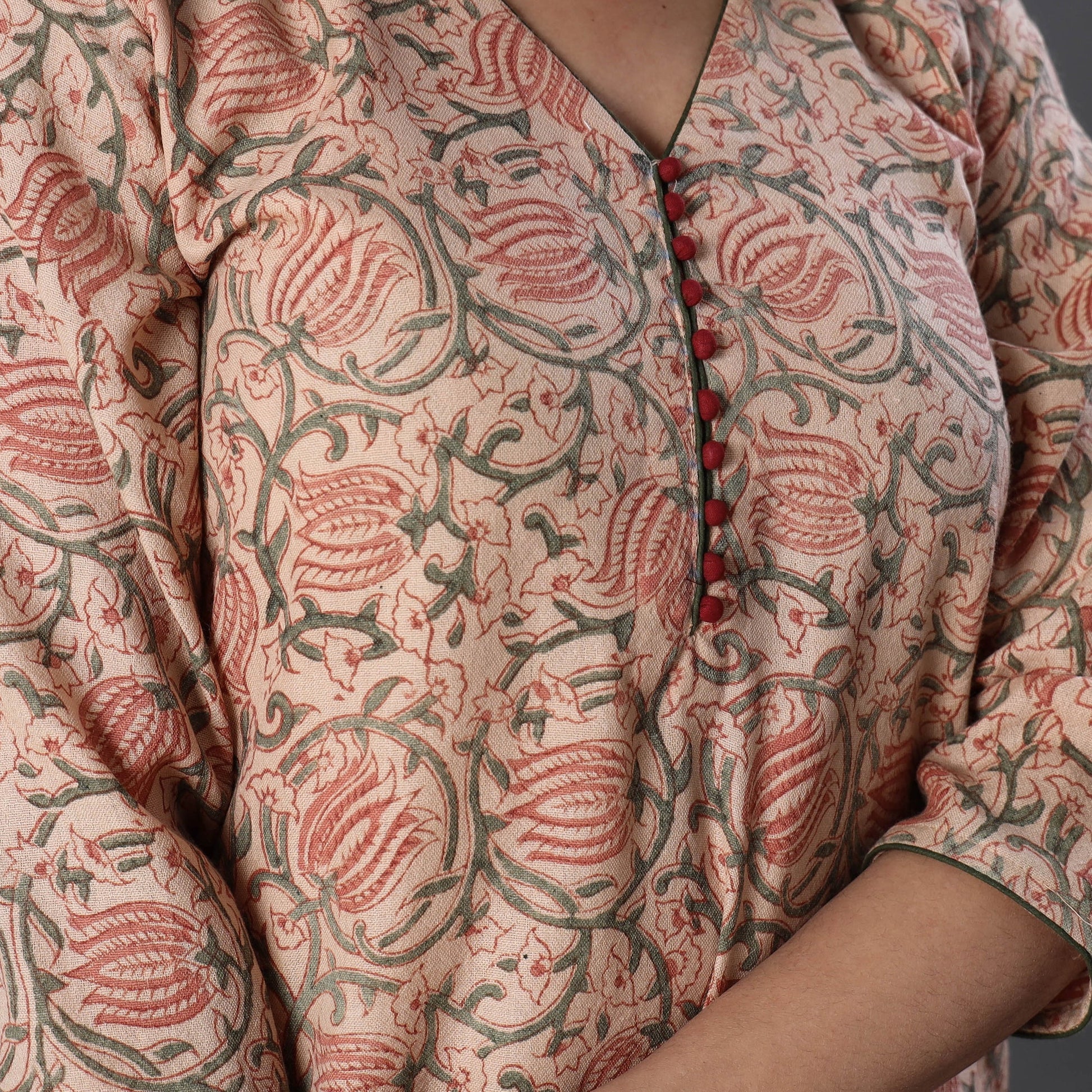Beige - Handwoven Wool Pedana Kalamkari Print Kurta