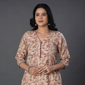 Beige - Handwoven Wool Pedana Kalamkari Print Kurta