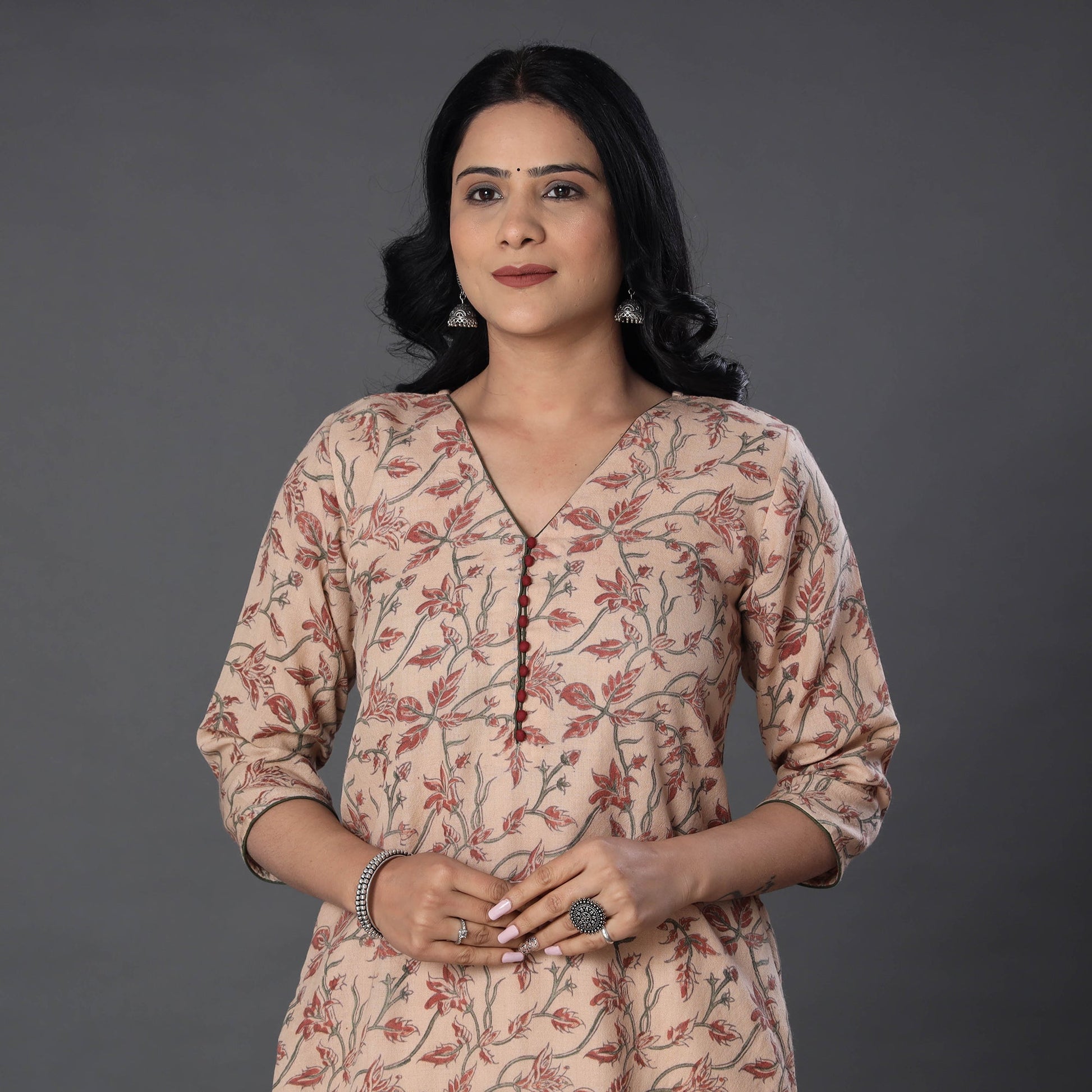Beige - Handwoven Wool Pedana Kalamkari Print Kurta