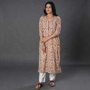 Beige - Handwoven Wool Pedana Kalamkari Print Kurta