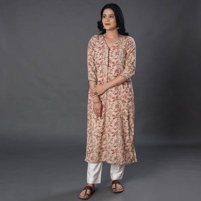 Beige - Handwoven Wool Pedana Kalamkari Print Kurta